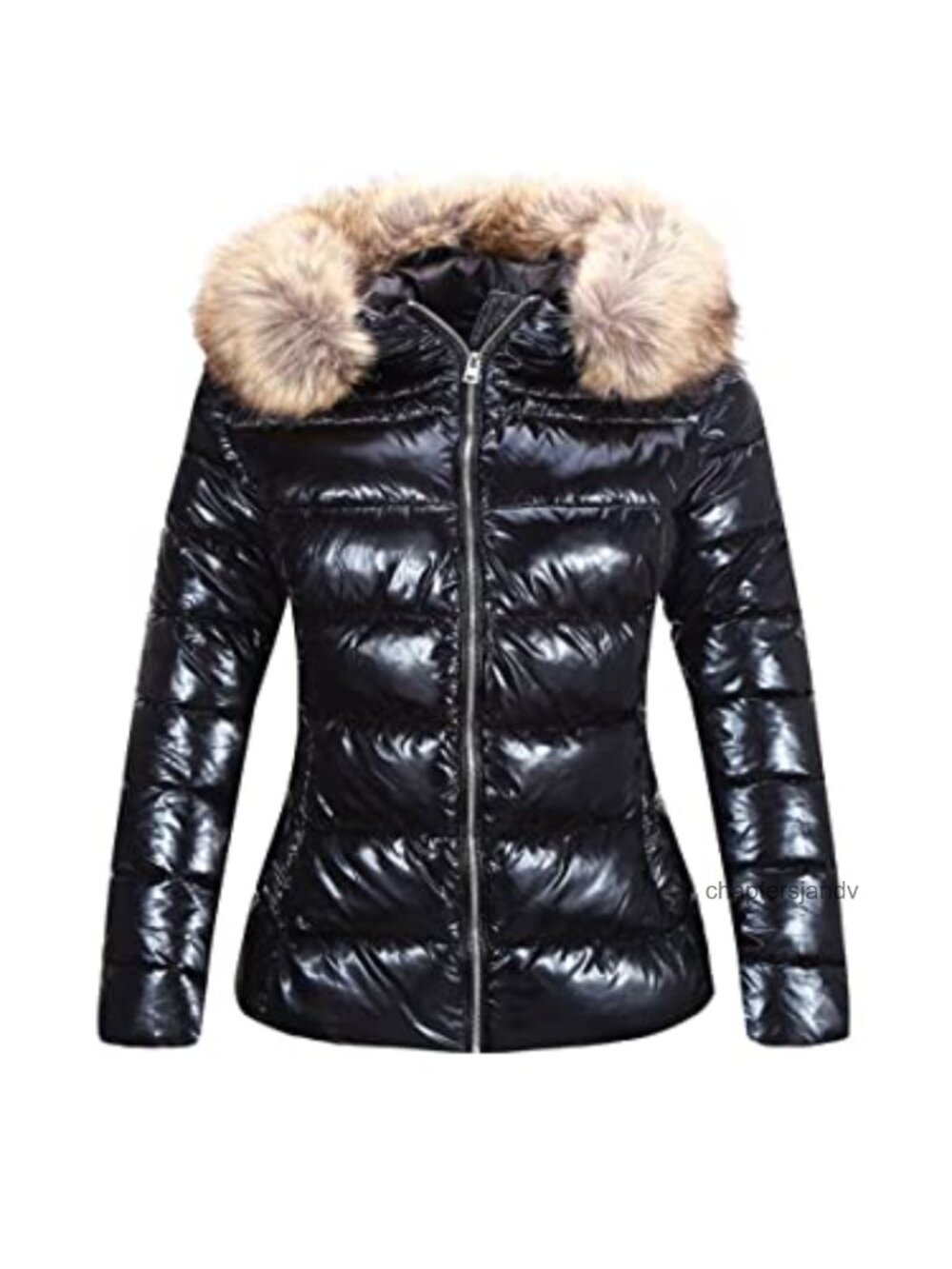 Quilted Puffer Jacket Slim Fit Hooded Winter Coat Faux Fur Collar